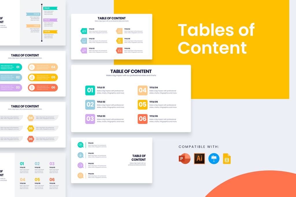 Table of content Slides for PowerPoint, Keynote, Google Slides and Illustrator